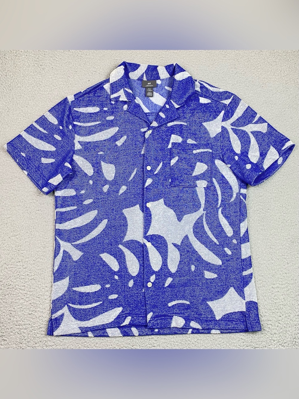 H&M Terry Cloth Towel Shirt Men's Size M Blue Short Sleeve Camp Collar Summer